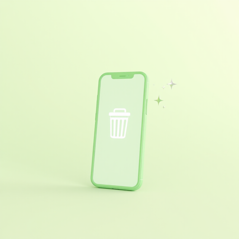 Celular com ícone de lixeira e brilhos, representando a limpeza do celular