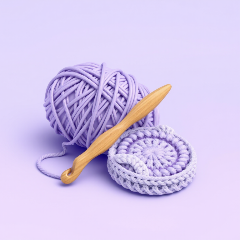 Novelo de lã lilás com agulha de crochê e um porta-copos de crochê, representando aprender crochê pelo celular