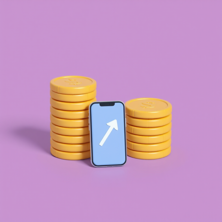 Pilhas de moedas de ouro ao lado de um celular com seta para cima, representando empréstimo pessoal