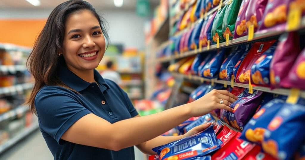 Repositora organizando pacotes de salgadinho na prateleira do supermercado
