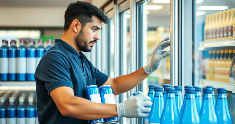 Repositor abastecendo a geladeira de bebidas de um supermercado