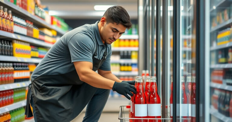 Repositor abastecendo a geladeira de bebidas de um supermercado