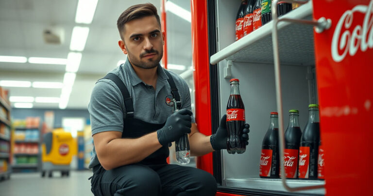 Repositor abastecendo a geladeira da Coca-Cola no supermercado