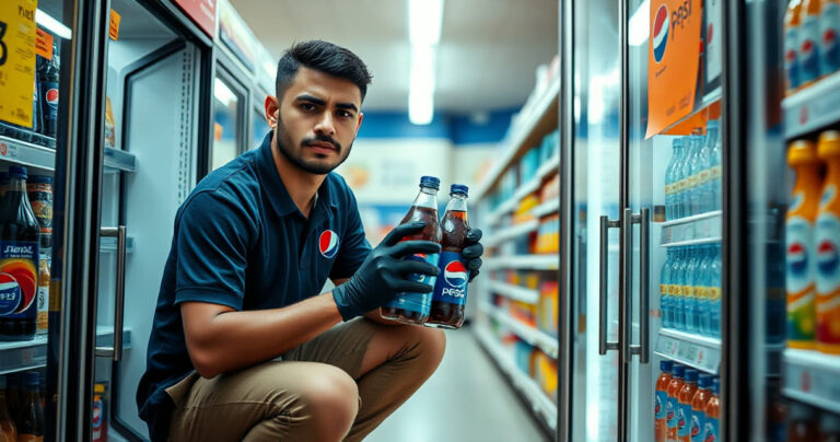 Repositor abastecendo a geladeira da Pepsi no supermercado
